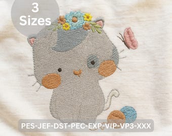Kitten with Flower Crown Embroidery Design | Cute Cat Machine Embroidery Pattern | Digital File – 3 Sizes | Instant Download