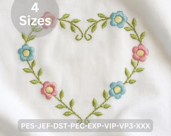 Floral Heart Wreath Embroidery Design | Heart Shaped Flower Vine | 4 Sizes Included | Instant Download