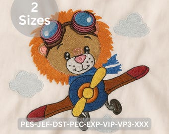 Lion Pilot Embroidery Design | Cute Animal Airplane Machine Embroidery Pattern for Kids | 2 Sizes Instant Download