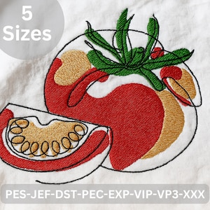 May include: Embroidered tomato design with red, gold, and green thread on white fabric. The design includes a whole tomato and a slice, with the text "5 Sizes" in a circle. The bottom of the image has the text "PES-JEF-DST-PEC-EXP-VIP-VP3-XXX".