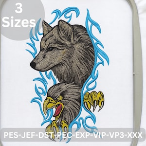 May include: An embroidered design featuring a wolf and an eagle, framed by blue decorative elements. The wolf is at the top, and the eagle is below, with its beak open. The text "3 Sizes" is at the top.
