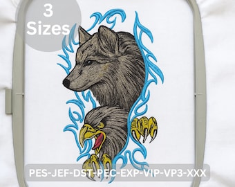Wolf and Eagle Embroidery Design Tribal Animals Machine Embroidery Pattern Digital Download 3 Sizes