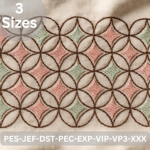 May include: Embroidered design with a repeating pattern of interlocking circles and diamond shapes in pink and green, outlined in brown thread. The text "3 Sizes" is in a white oval. The bottom of the image has the text "PES-JEF-DST-PEC-EXP-VIP-VP3-XXX".