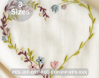 Heart Floral Vine Embroidery Design – 3 Sizes Included – Pastel Flower Border Machine Embroidery Pattern – Instant Download