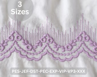 Lavender Scallop Lace Border Embroidery Design, 3 Sizes, Floral Edge Machine Embroidery for Linens
