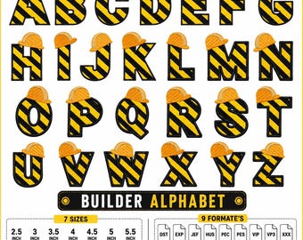 Construction Font Machine Embroidery Alphabet, Builder Hard Hat design - 7 sizes