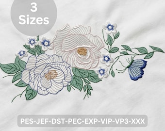 Floral Butterfly Embroidery Design, Botanical Machine Embroidery - 3 Sizes