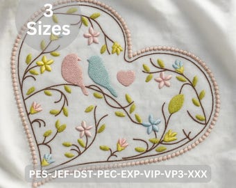 Heart Shape Embroidery Design with Birds Flowers and Vines Wedding Valentine Anniversary Machine Embroidery Pattern