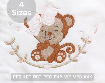 Affe mit Schleife Stickdatei Süßer Babyäffchen mit Herz | 4 Größen enthalten | Sofort Download