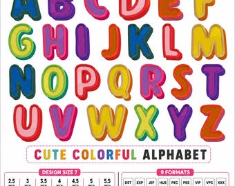 Colorful Font Machine Embroidery Alphabet, 3D Drop Shadow Alphabet Letters - 7 sizes