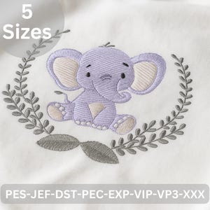 May include: Embroidered design featuring a seated cartoon elephant in lavender, surrounded by a gray leaf wreath. The image includes the text "5 Sizes" in a white circle and file type abbreviations at the bottom.