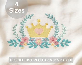 Crown with Flowers Embroidery Design | Princess Royal Crown Machine Embroidery Pattern | Digital File – 4 Sizes
