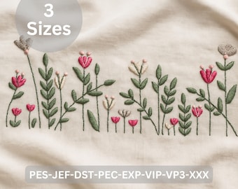 Wildflower Border Embroidery Design | Floral Machine Embroidery Pattern with Pink Blossoms and Green Leaves | 6 Sizes Instant Download