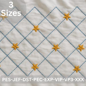 May include: White fabric with a grid pattern of blue stitching and embroidered gold stars. The image includes the text "3 Sizes" and a line of text at the bottom. The design is suitable for embroidery projects.