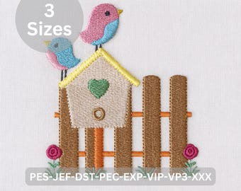 Diseño de bordado de casita de pájaros con pájaros y flores, patrón de bordado a máquina de jardín de primavera, descarga de archivo de puntada