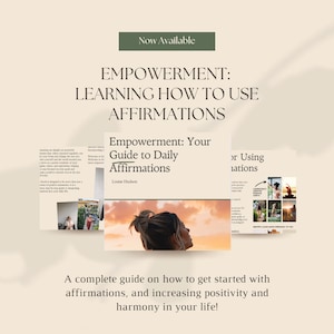 May include: A pink and green digital download cover for an ebook titled "Empowerment: Your Guide to Daily Affirmations" by Louise Hudson. The cover features a woman looking up at the sky with a sunset in the background. The text "A complete guide on how to get started with affirmations, and increasing positivity and harmony in your life!" is at the bottom of the cover.