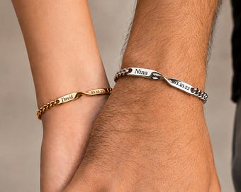 Pulsera personalizada para parejas, iniciales o fecha grabadas a medida, conjunto de joyas a juego en plata y oro, regalo de aniversario para pareja o esposo.