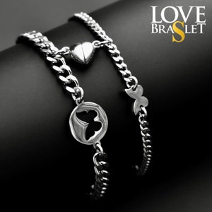 Magnetic Heart Couple Bracelets with Butterflies (Stainless Steel), Gift for Lovers, Couples, Friend, Husband Wife, His and Hers Bracelets