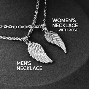 May include: Two silver-colored necklaces with wing pendants. One pendant has a rose design. The text on the image reads "MEN'S NECKLACE" and "WOMEN'S NECKLACE WITH ROSE". The necklaces are on a dark gray background.