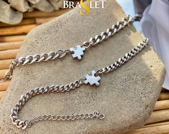 Set of 2 Couple Bracelets with Puzzle charms(Stainless Steel), Gift for Lovers, Couples, Friend, Husband Wife, His and Hers Bracelets