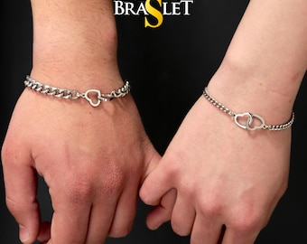 Set of 2 Couples Bracelets with Double Hearts connectors, His and Hers Bracelets, Gift for Her, Gift for Him, Handmade Matching Bracelets