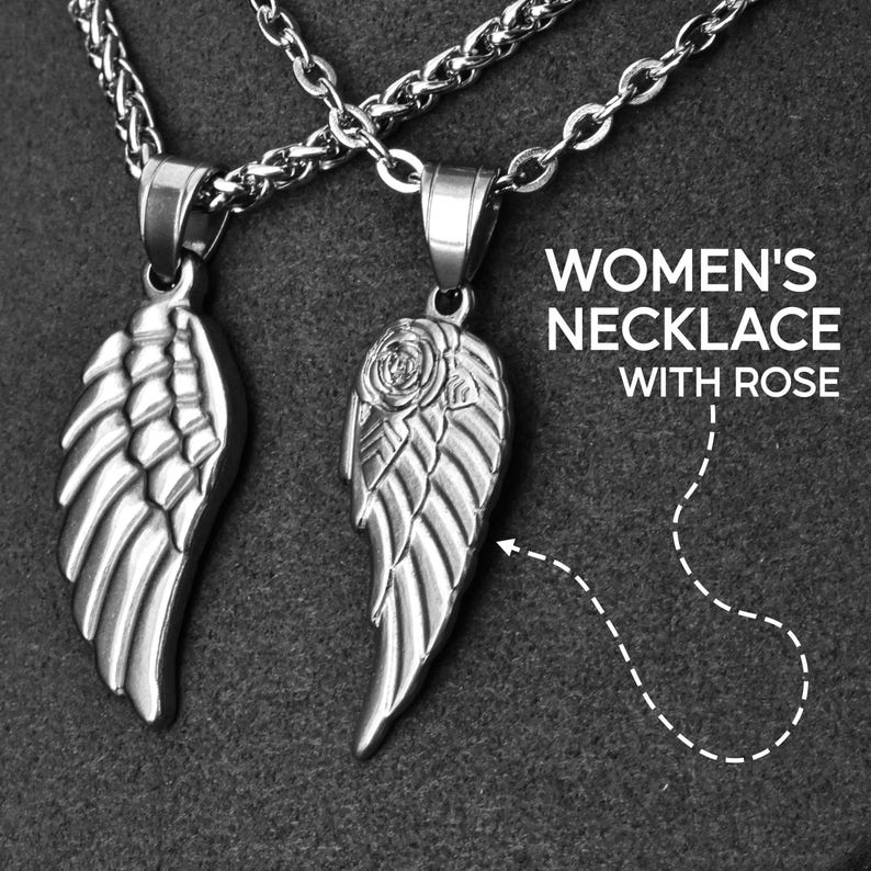 May include: Two silver-colored necklaces with wing-shaped pendants. One pendant features a rose design, while the other has a plain wing. The necklaces are on a dark gray background. The text "WOMEN'S NECKLACE WITH ROSE" is visible.