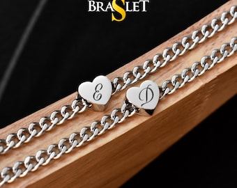 Personalized Couples Bracelet Initials on Heart, Custom Engraved Matching Bracelets, Anniversary Gift for Couple, Husband, His Hers Jewelry