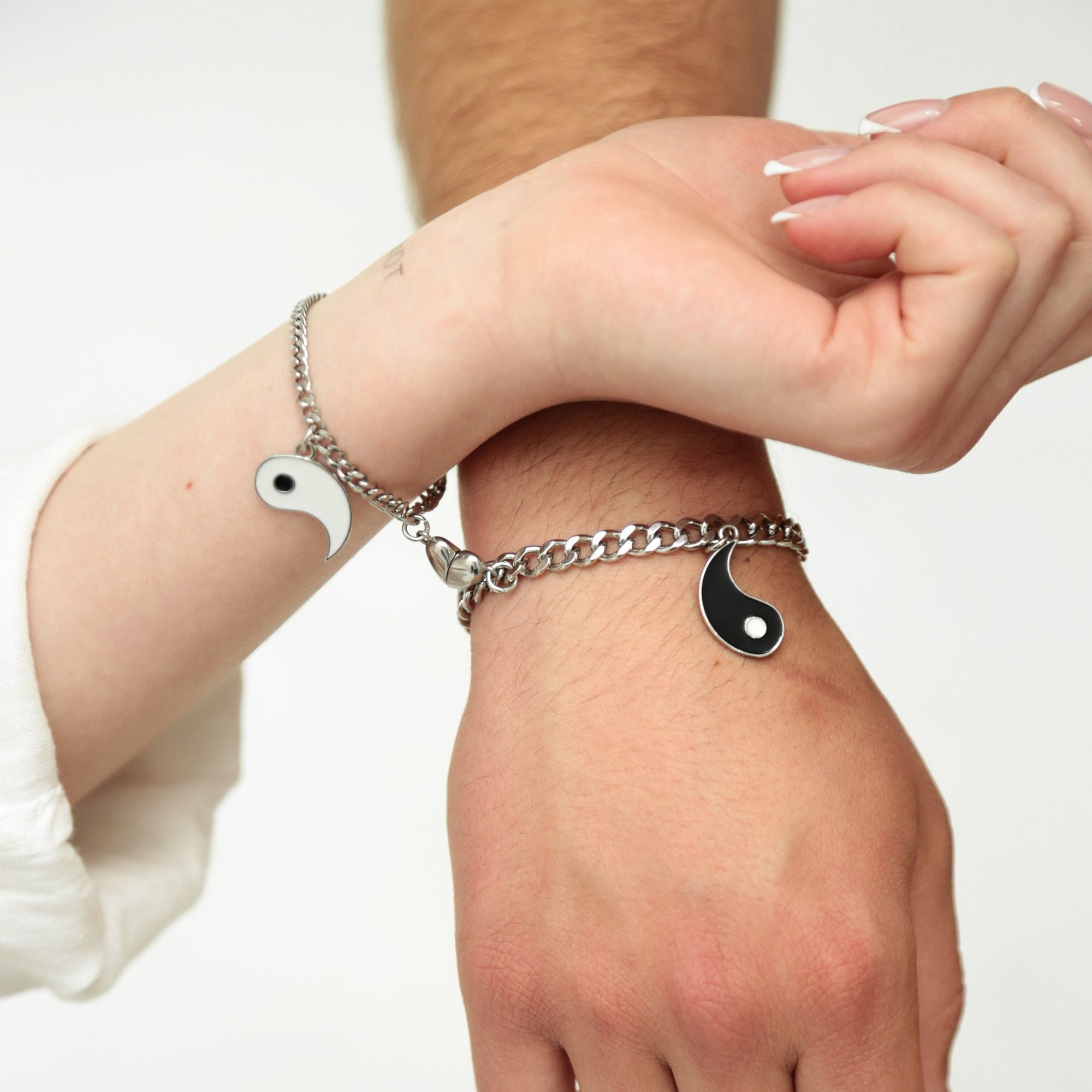 Bracciali Magnetici Coppia – Ciondolo Cuore Yin Yang, Pietre Naturali Nero/bianco, Regalo San Valentino