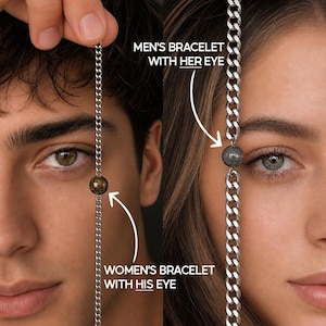 Puede incluir: Dos pulseras de cadena plateadas, cada una con una sola cuenta de piedra. Una pulsera se sostiene frente al ojo de una persona, la otra frente al ojo de otra persona. El texto dice "MEN'S BRACELET WITH HER EYE" y "WOMEN'S BRACELET WITH HIS EYE".