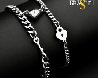 Magnetic Heart Couple Bracelets with Key and Lock (Stainless Steel), Gift for Lovers, Couples, Friend, Husband Wife, His and Hers Bracelets