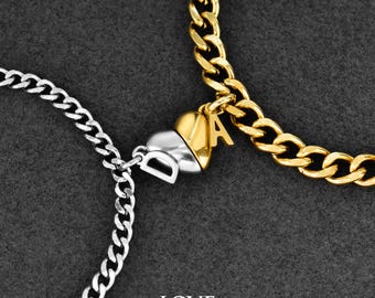 Silver and Gold Couples Bracelet with Initials & Heart Magnet, Personalized His Hers Matching Jewelry set, Anniversary Gifts for Her Him