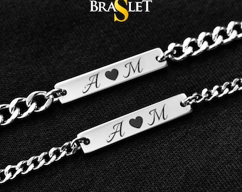 Braccialetti di coppia con iniziali incise personalizzate, bracciale abbinato per lui e per lei, braccialetti con iniziali personalizzate, regali di coppia, gioielli per lui e per lei