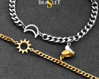 Pulsera de pareja en plata y oro con imán de sol, luna y corazón. Conjunto de joyería a juego para él y para ella. Regalo ideal para aniversario.