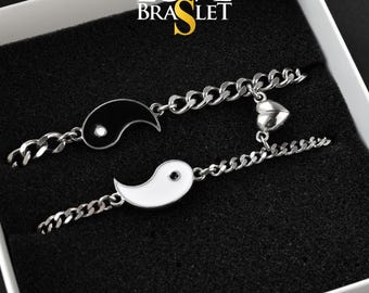 Couple Bracelets with Yin-Yang connectors and Heart Magnets | Gift for Couples, Gift for Her, Gift for Him, His and Hers Bracelets, Set of 2