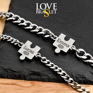Personalized Name Puzzle Couples Bracelet, Custom Engraved Initial Charm Matching Jewelry, His Hers Gift For Couple, Friendship, Anniversary