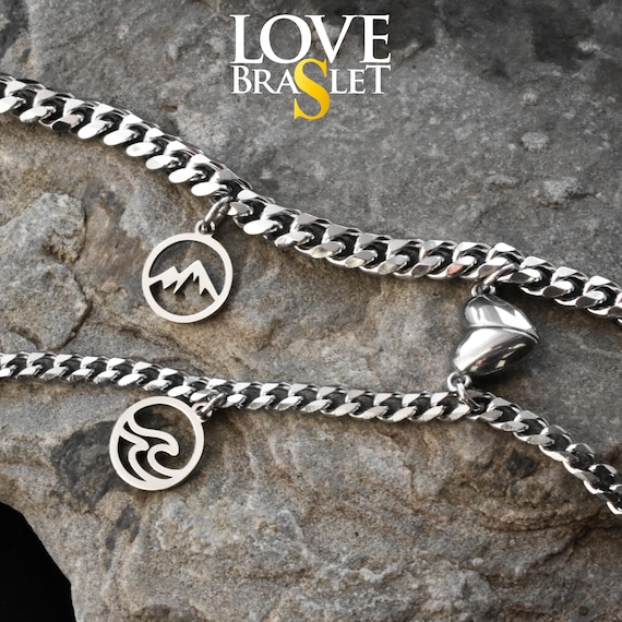 Mountain Ocean Couple Bracelets Charms, Magnetic Heart, Matching