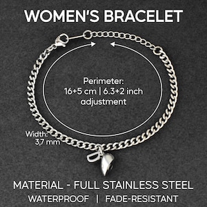 May include: A silver-colored chain bracelet with a letter D charm. The text states: WOMEN'S BRACELET, Perimeter: 16+5 cm | 6.3+2 inch adjustment, Width: 3,7 mm, MATERIAL - FULL STAINLESS STEEL, WATERPROOF | FADE-RESISTANT.