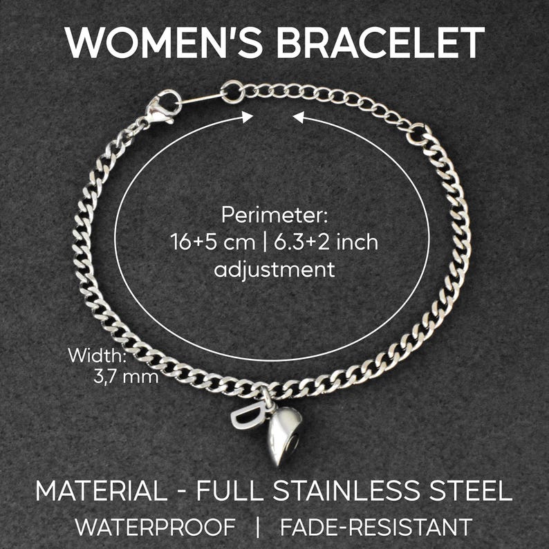 May include: A silver-colored chain bracelet with a letter D charm. The text states: WOMEN'S BRACELET, Perimeter: 16+5 cm | 6.3+2 inch adjustment, Width: 3,7 mm, MATERIAL - FULL STAINLESS STEEL, WATERPROOF | FADE-RESISTANT.