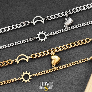 May include: Four bracelets with curb chains. Two are silver-toned, featuring a crescent moon and a sun charm. The other two are gold-toned, with a heart and sun charm. The text "LOVE BRASLET" is at the bottom.