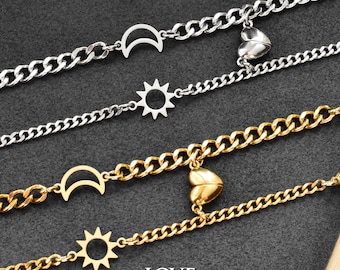 Sun & Moon Couples Bracelet + Heart Magnet, Silver and Gold Matching His Hers Charms Bracelets, Gifts for Her Him, Friendіship, Anniversary