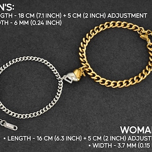 May include: Two curb chain bracelets connected by a magnetic heart charm. One silver-tone bracelet is 7.1 inches long with a 2-inch adjustment and 0.24-inch width. One gold-tone bracelet is 6.3 inches long with a 2-inch adjustment and 0.15-inch width.