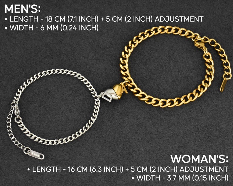 May include: Two curb chain bracelets connected by a magnetic heart charm. One silver-tone bracelet is 7.1 inches long with a 2-inch adjustment and 0.24-inch width. One gold-tone bracelet is 6.3 inches long with a 2-inch adjustment and 0.15-inch width.