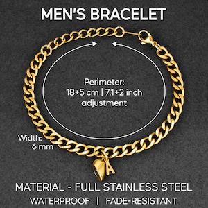 May include: A gold-colored chain bracelet featuring a letter A charm. The bracelet has a width of 6 mm and a perimeter of 18+5 cm or 7.1+2 inches. The text on the image indicates the material is full stainless steel, waterproof, and fade-resistant.