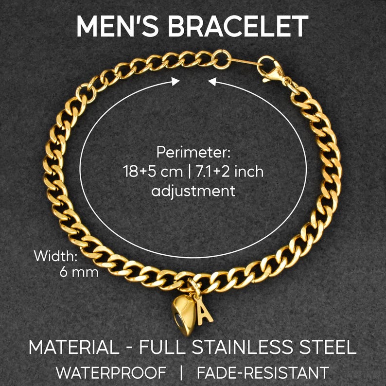 May include: A gold-colored chain bracelet featuring a letter A charm. The bracelet has a width of 6 mm and a perimeter of 18+5 cm or 7.1+2 inches. The text on the image indicates the material is full stainless steel, waterproof, and fade-resistant.