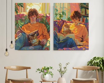 Spring refresh! Reading young man and cat--Book club/store, Study room, Bookworm gift, Book art print, AI art, Home Decor Poster, Wall print