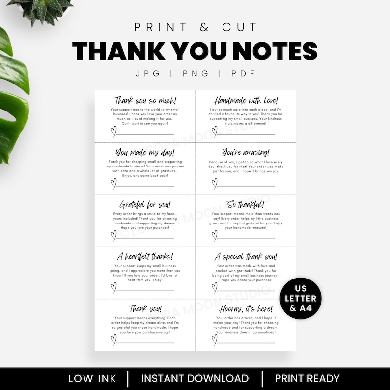 May include: Printable thank you notes in US Letter and A4 sizes. The black text on white cards includes phrases like "Thank you so much!" and "Handmade with love!" for small business owners to include with orders.