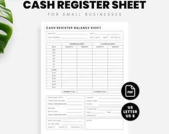 Cash Register Balance Sheet - US Dollar US Letter Size Printable PDF - Low Ink Design
