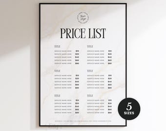 May include: A framed price list with a marble-like background. The title "PRICE LIST" is in bold, black letters. The list includes sections for titles and service names with corresponding prices. A black circle with the number "5" and the word "SIZES" is in the bottom right corner.