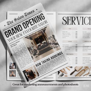 Eröffnungsflyer für den Salon – Canva-Vorlage im Zeitungsstil mit vier Seiten – Inklusive der Formate US Letter, US Half Letter, A4 und A5. Bild 5