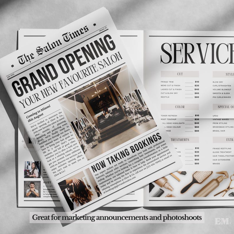 Eröffnungsflyer für den Salon – Canva-Vorlage im Zeitungsstil mit vier Seiten – Inklusive der Formate US Letter, US Half Letter, A4 und A5. Bild 5